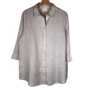 Chicos 100% Linen No Iron Blend Button‎ Up Shirt Coastal 12/14 Beige 2 Relaxed